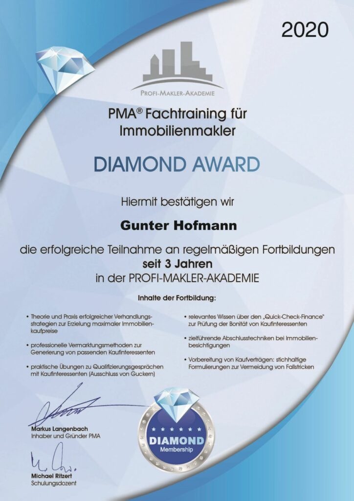 Diamond Award PMAFortbildung Fachtraining für Immobilienmakler Gunter Hoffmann GGH Immobilien Kieselbronn