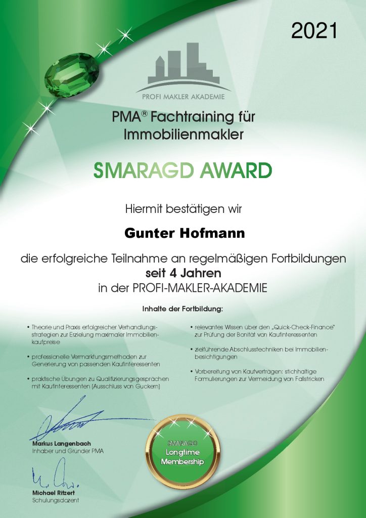Smaragd Award PMAFortbildung Fachtraining für Immobilienmakler Gunter Hoffmann GGH Immobilien Kieselbronn